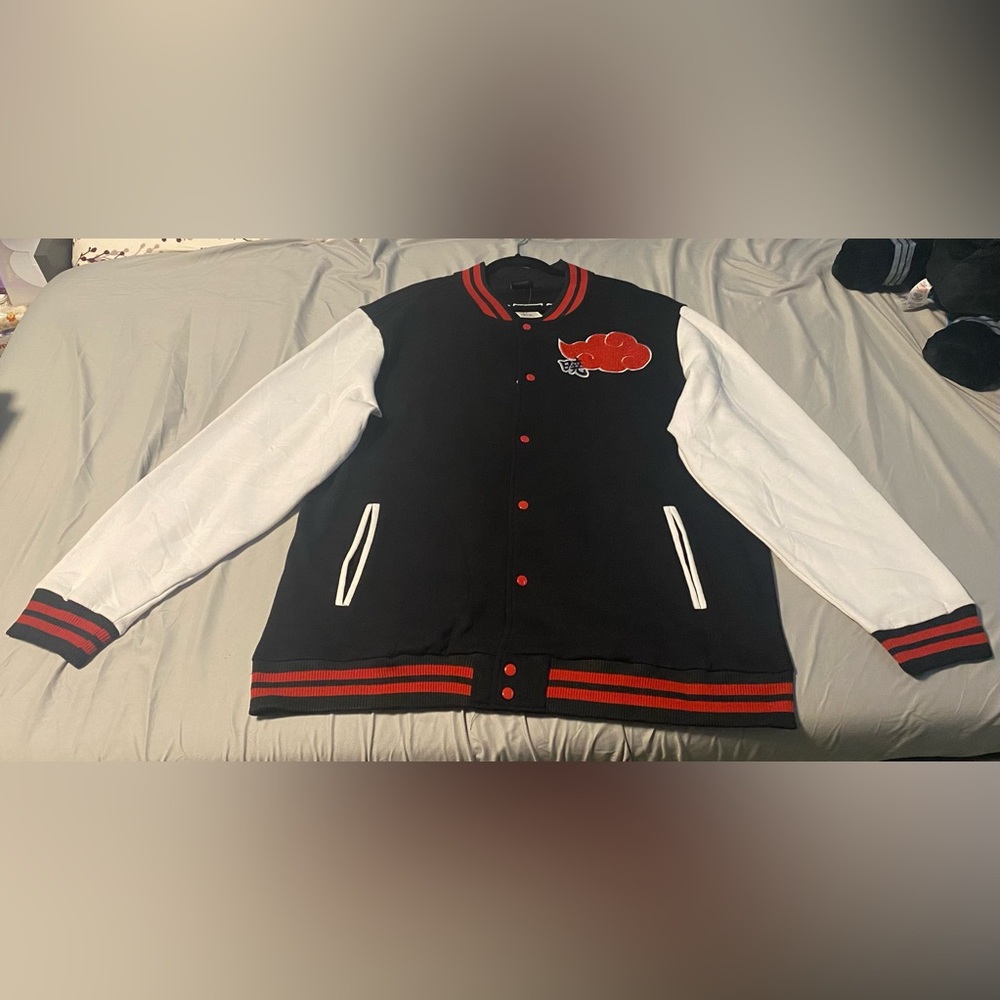 New Naruto- Akatsuki Black & White Varsity Jacket with Red Cloud Patch